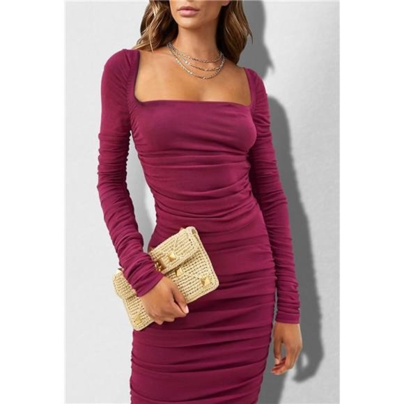 Ruched Bodycon Dress Square Neck Long Sleeve Backless  Midi Dresses For Women - Picture 3 of 7